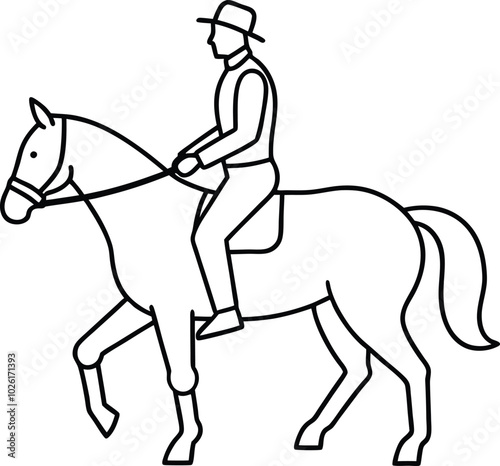 A line drawing of a professional rider on a dressage horse. Horse riding outline vector art and illustration. A jock riding a stallion. A sketch of a dressage rider on a horse executing the half pass.