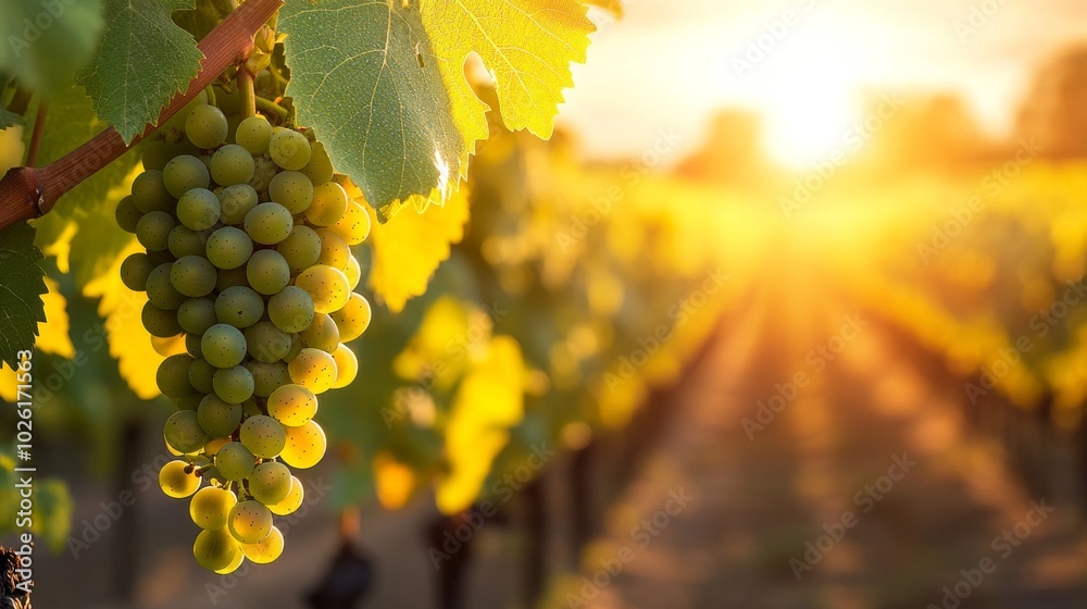 Fototapeta premium A Bunch of Green Grapes Hanging from a Vine in a Vineyard at Sunset