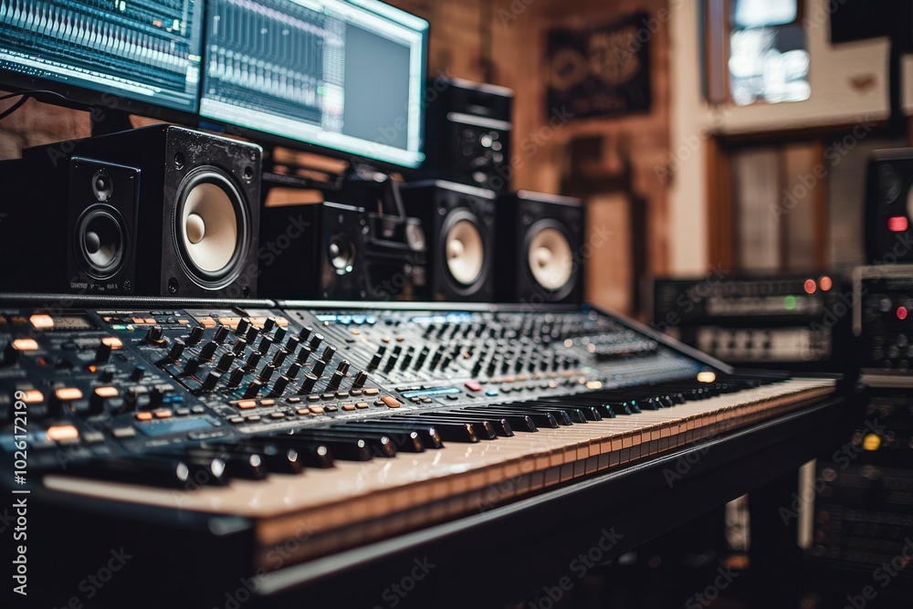 Professional Music Studio with Mixing Console and Speakers Professional Music Studio with Mixing Console and Speakers