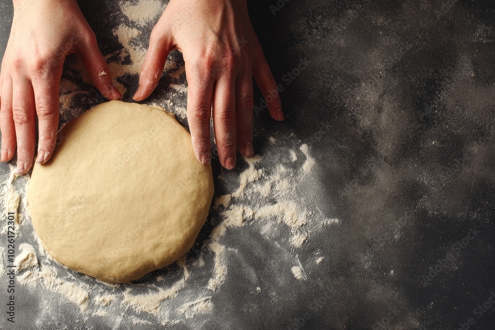 A pair of hands rolls out dough on a floured surface, illustrating the art of baking and preparation in a rustic kitchen setting.