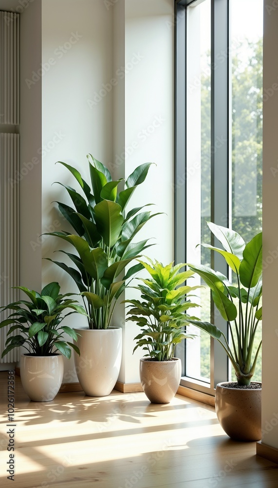 Elegant indoor plants in stylish pots by large windows with natural light Elegant indoor plants in stylish pots by large windows with natural light