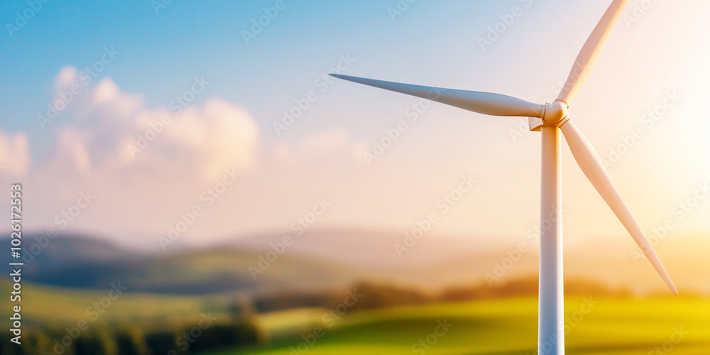 Obraz premium wind turbine stands tall against blue sky, surrounded by lush green hills, symbolizing renewable energy and sustainability. serene landscape evokes sense of tranquility and hope for greener future