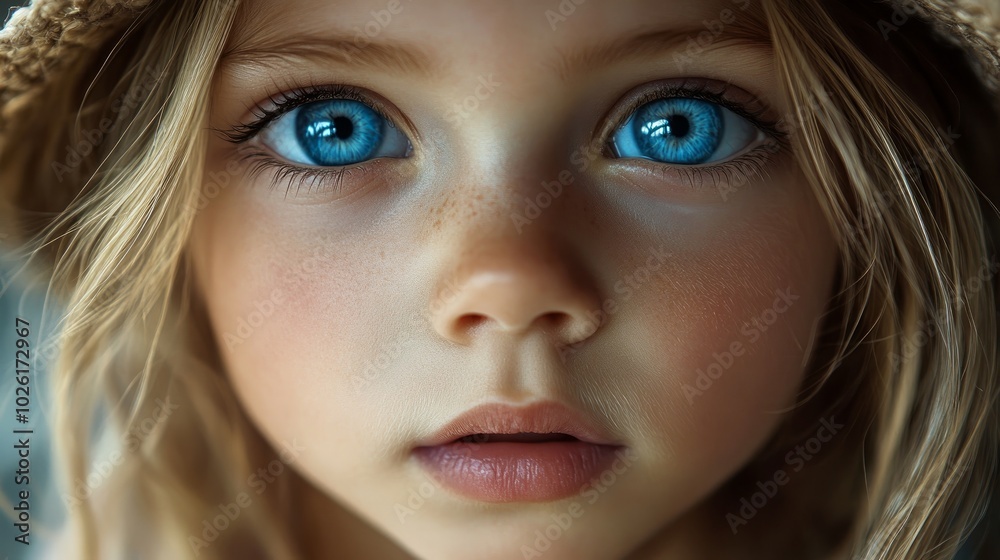 Close-up portrait of a young girl with bright blue eyes and freckles looking directly at the camera. Close-up portrait of a young girl with bright blue eyes and freckles looking directly at the camera.