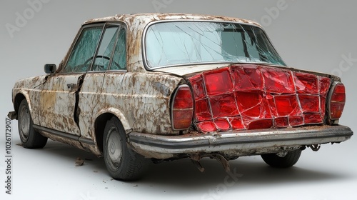 A smashed car taillight with red plastic fragments, isolated on white background.  photo