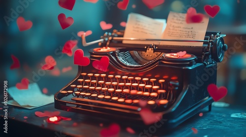 Close-up shot of a vintage typewriter with glowing love letters scattered around, romance novel pages fluttering in the wind photo