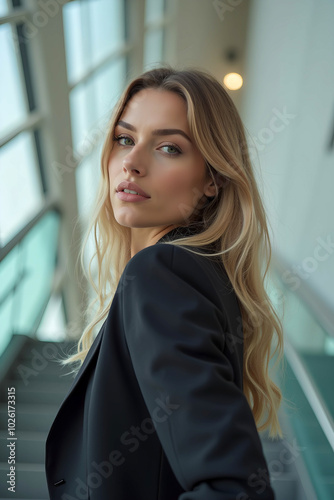 Free Download Portrait of a blonde businesswoman on the stairs of a building. - GFXLoad