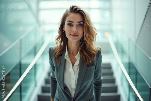 Free Download Portrait of a businesswoman with stairs bokeh in the background. - GFXLoad