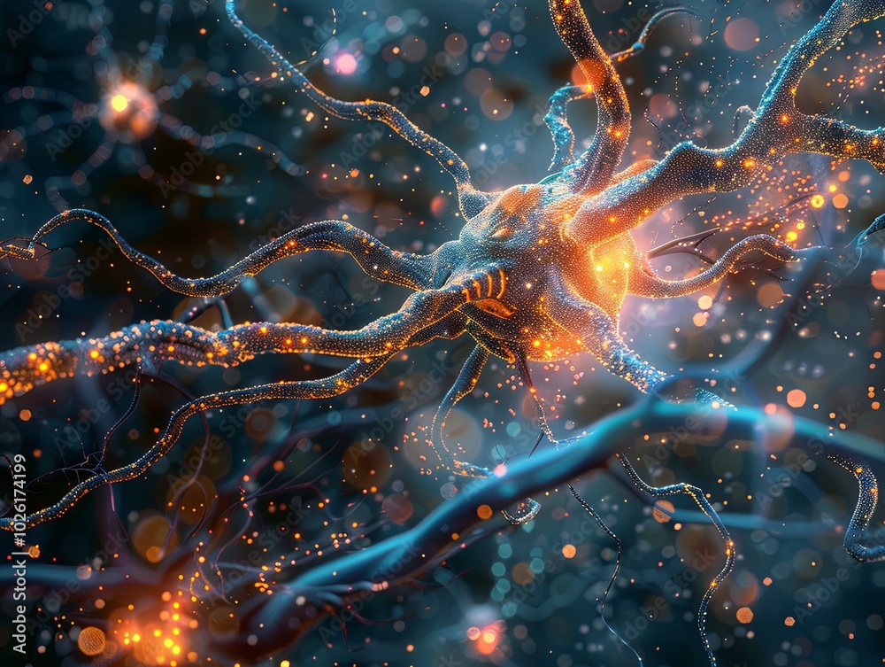 A Detailed 3D Render of a Glowing Neuron A Detailed 3D Render of a Glowing Neuron