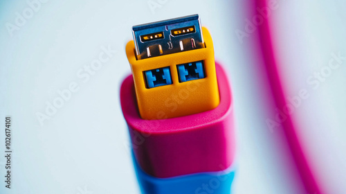 Colorful USB connector with vibrant casing positioned against a neutral background photo