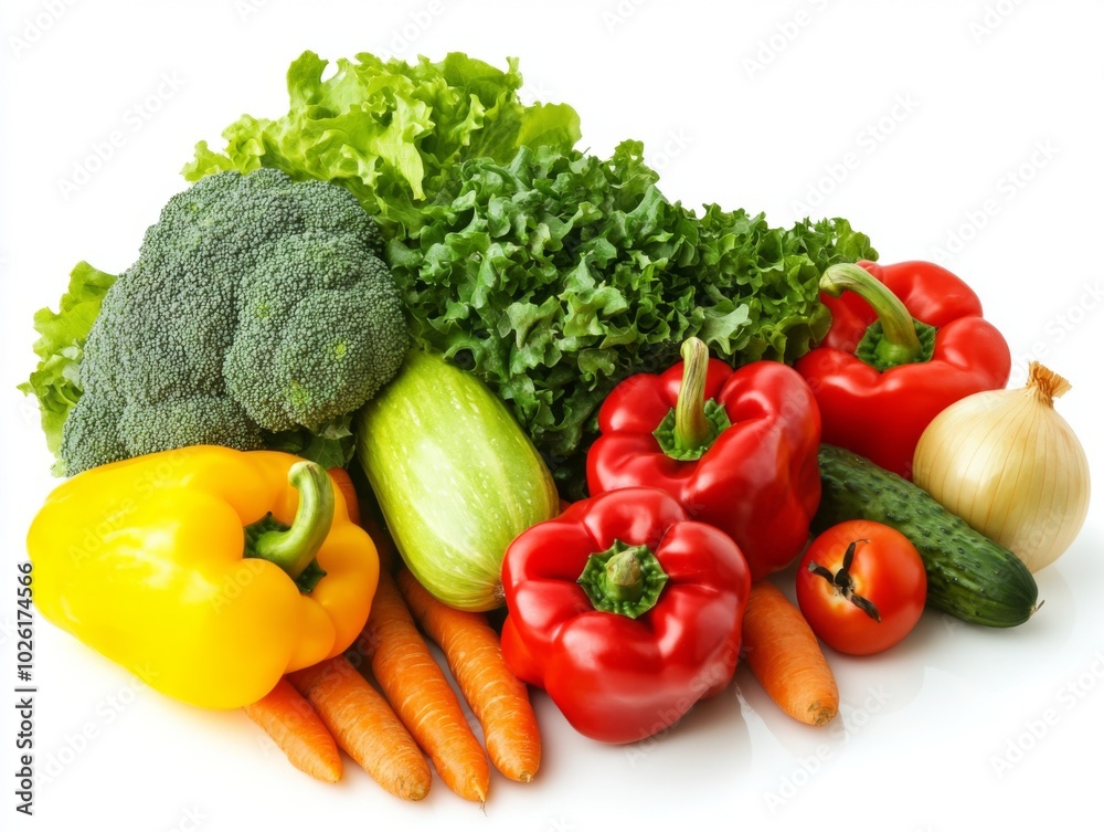 A pile of fresh vegetables including red and yellow bell peppers, broccoli, carrots, tomatoes, an onion, lettuce leaves, and green bell peppers A pile of fresh vegetables including red and yellow bell peppers, broccoli, carrots, tomatoes, an onion, lettuce leaves, and green bell peppers