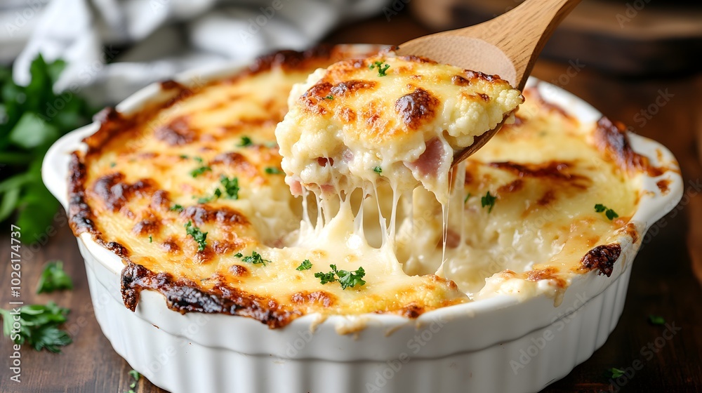 A creamy, cheesy dish with a crispy top, being served with a wooden spoon, garnished with green herbs in a white casserole dish. A creamy, cheesy dish with a crispy top, being served with a wooden spoon, garnished with green herbs in a white casserole dish.