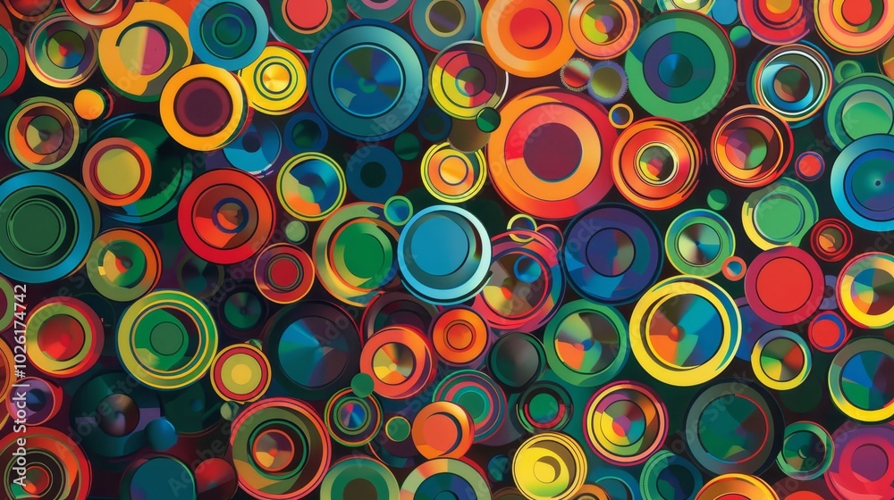 Colorful abstract pattern of overlapping circular shapes in various sizes and shades against a dark background Colorful abstract pattern of overlapping circular shapes in various sizes and shades against a dark background
