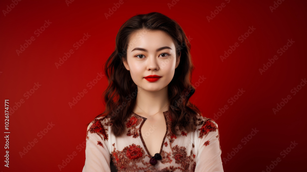 Portrait of Russian woman with floral dress on red background Portrait of Russian woman with floral dress on red background