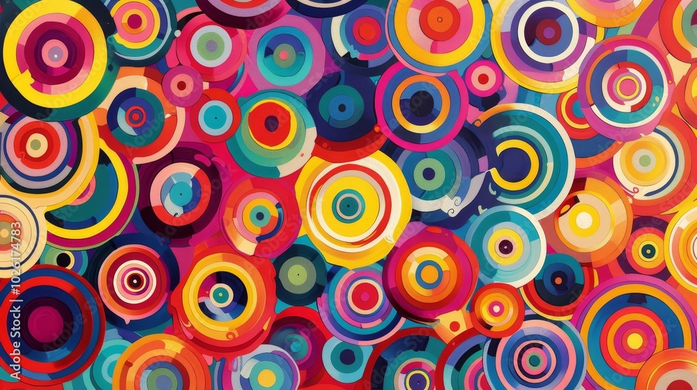Vibrant abstract art featuring colorful concentric circles in a lively arrangement with a bright background Vibrant abstract art featuring colorful concentric circles in a lively arrangement with a bright background