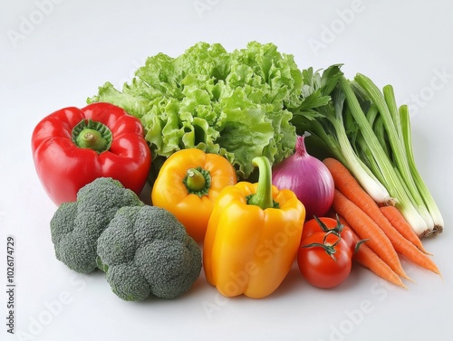 A pile of fresh vegetables including red and yellow bell peppers, broccoli, carrots, tomatoes, an onion, lettuce leaves, and green bell peppers