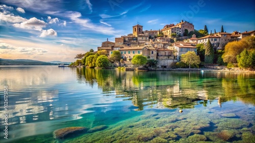 Vintage Style Photography of Anguillara Sabazia by Lake Bracciano with Ancient Palace Facade and Lush Greenery