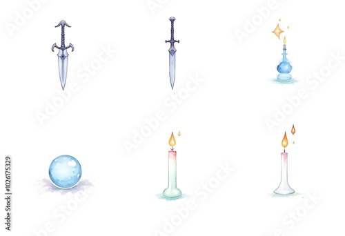 Magic object icon set. Cartoon set of 9 magic object icons for web design isolated on white background 