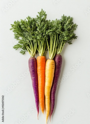 A small bundle of carrots, vibrant orange, yellow, and purple in color with long green leaves and short stems attached the top of them photo