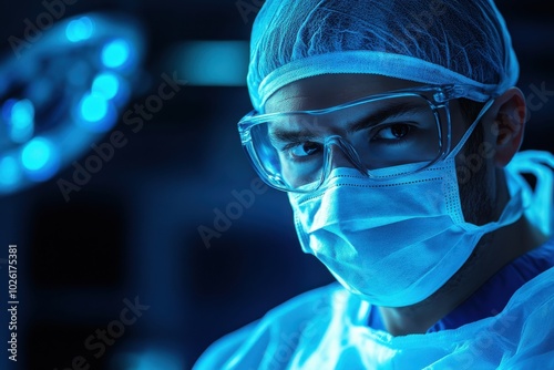 Surgeon in Protective Gear Focused in Operating Room