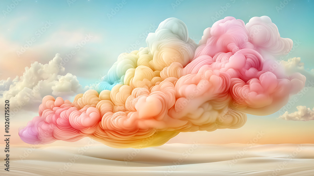 Fototapeta premium Brightly colored clouds floating over dreamlike landscape create whimsical and serene atmosphere. soft pastel hues evoke sense of wonder and tranquility