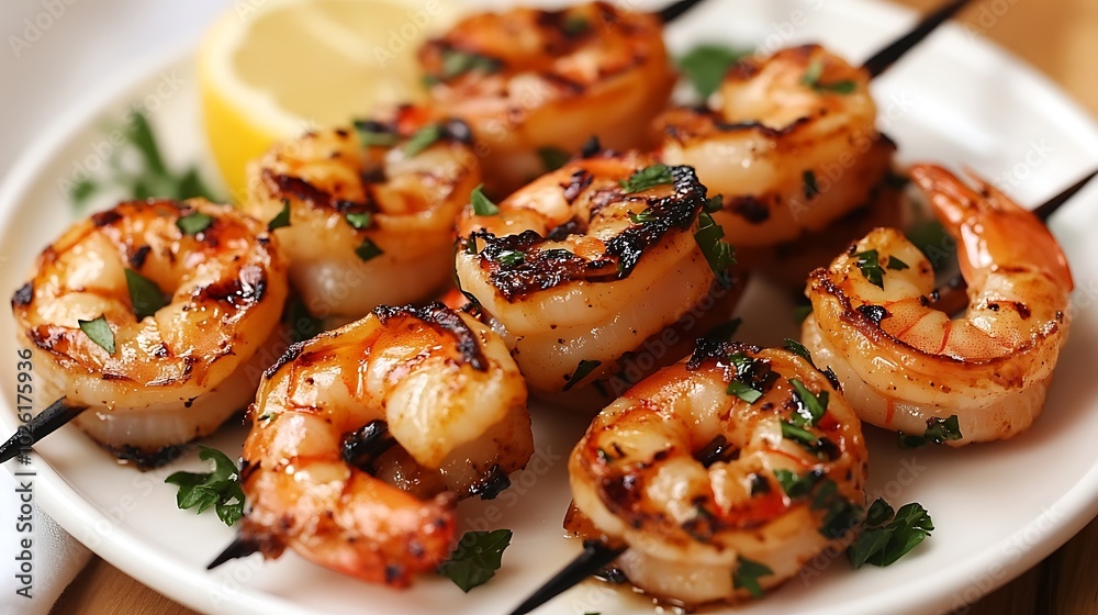 grilled shrimp on wooden skewers on a plate nacro horizontal grilled shrimp on wooden skewers on a plate nacro horizontal