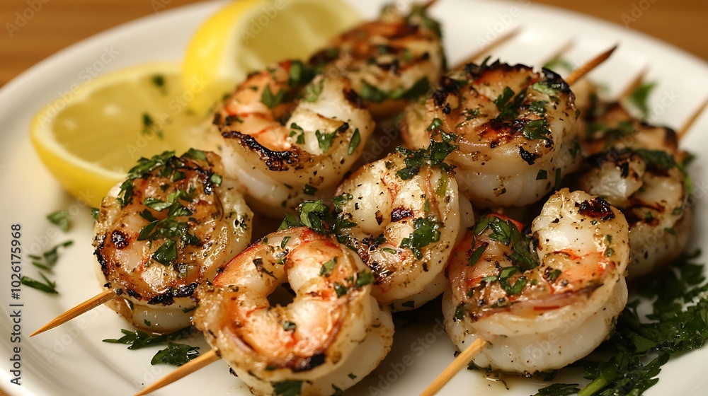 grilled shrimp on wooden skewers on a plate nacro horizontal grilled shrimp on wooden skewers on a plate nacro horizontal