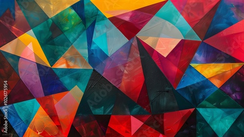 Colorful abstract geometric art piece showcasing vivid triangles in various hues and patterns created on a large canvas