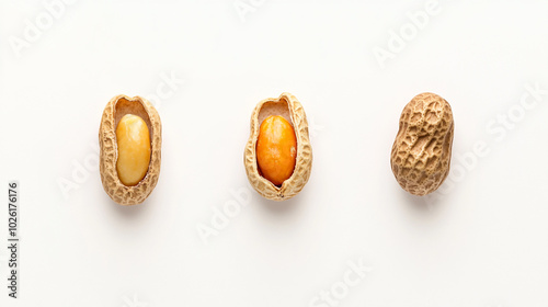 Unique arrangement of three peanut shells showcasing different colored peanuts inside