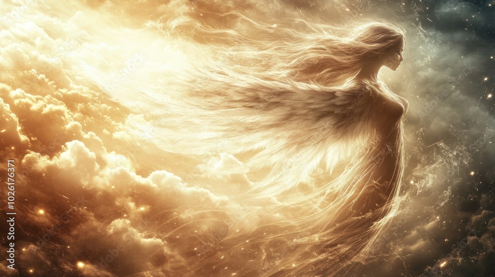 Fototapeta premium A captivating angel with long, silky hair and stunning white wings, surrounded by glowing clouds in the peaceful heavens