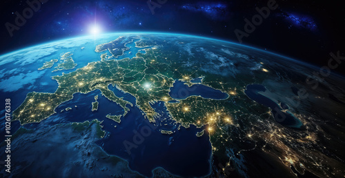 Fototapeta Naklejka Na Ścianę i Meble -  Planet earth rotating showing europe at night from space