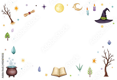 The set of attributes of the witch. The book of spells. Vector illustration. 