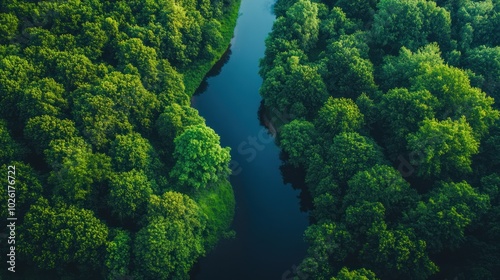 photograph of Aerial photography of a summer landscape with a quiet river surrounded by lush green trees, telephoto lens summer daylight cool color