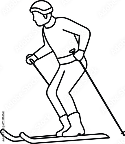 Man is skiing outline. Vector illustration in line art style. Continuous line drawing. Illustration shows a Alpine skier skiing downhill. Winter sport.