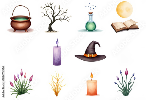 The set of attributes of the witch. The book of spells. Vector illustration. 