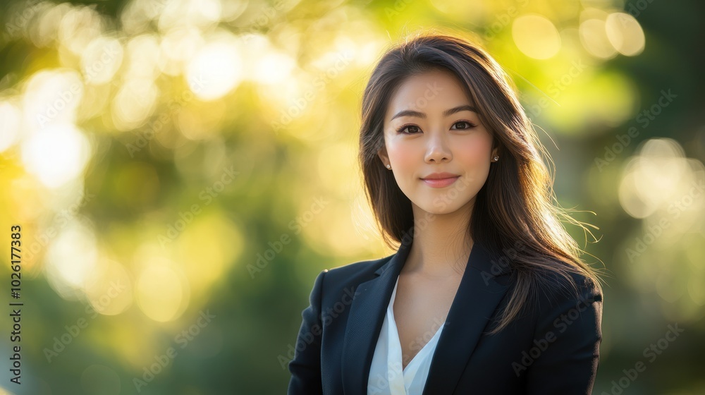 photograph of Portrait of a beautiful Asian woman in suit outdoors with a blurry business telephoto lens summer daylight cool color photograph of Portrait of a beautiful Asian woman in suit outdoors with a blurry business telephoto lens summer daylight cool color