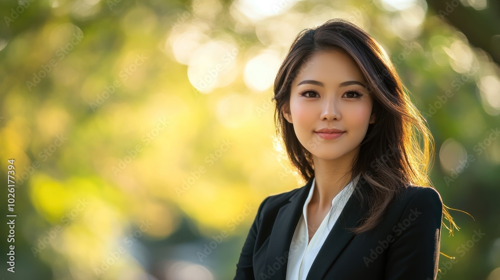 photograph of Portrait of a beautiful Asian woman in suit outdoors with a blurry business telephoto lens summer daylight cool color photograph of Portrait of a beautiful Asian woman in suit outdoors with a blurry business telephoto lens summer daylight cool color
