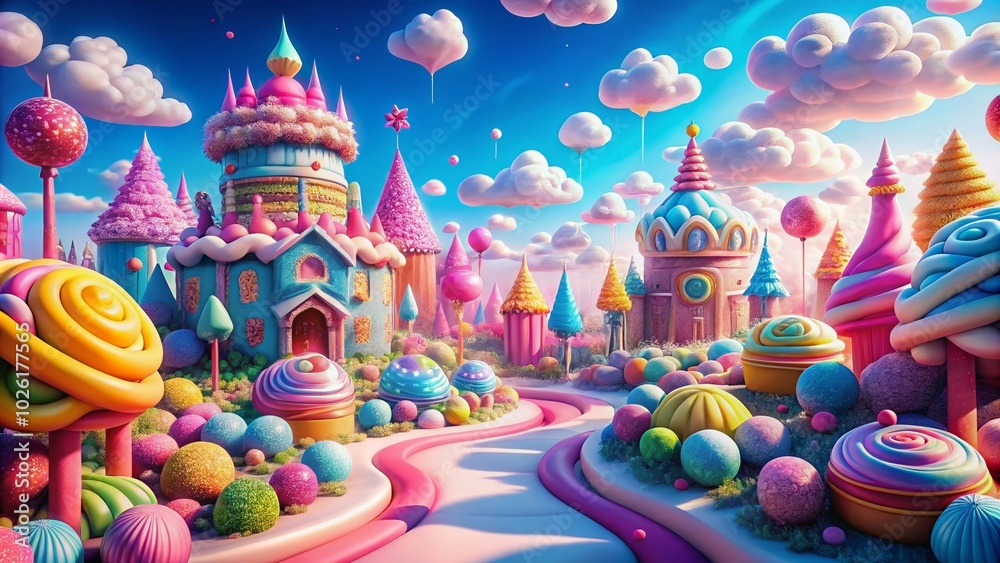 Whimsical Sugary Dreamland with Pastel Castle and Candy Trees Under Blue Sky Whimsical Sugary Dreamland with Pastel Castle and Candy Trees Under Blue Sky