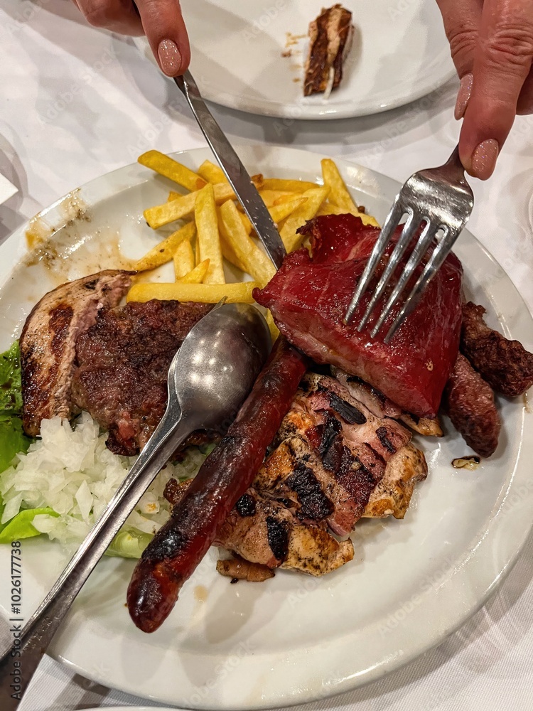 Sausage and several types of grilled meat served on a plate with French fries and salad