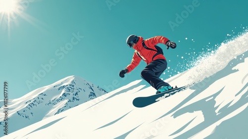 Man snowboarding on mountain, bright day, clean background, minimal elements