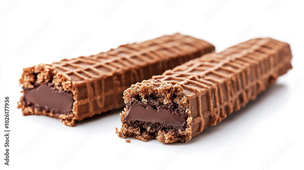 Delicious chocolate wafer bars with a creamy filling presented on a clean white background Delicious chocolate wafer bars with a creamy filling presented on a clean white background