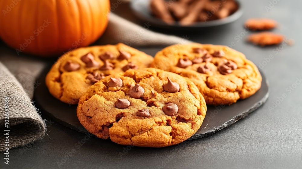 Pumpkin spice chocolate chip cookies on a black slate serving plate with a pumpkin in the background and a gray textile napkin. Pumpkin spice chocolate chip cookies on a black slate serving plate with a pumpkin in the background and a gray textile napkin.