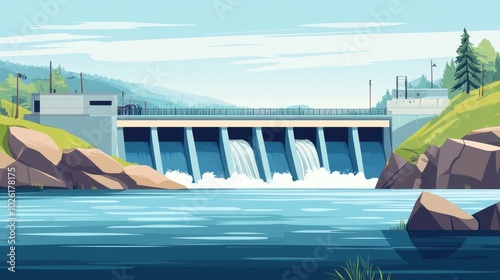 Hydroelectric station with river view, powerful currents, bright day, clean background, minimal elements