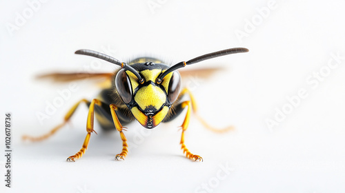 Close-up view of a yellow and black insect on a white background, showcasing its detailed features