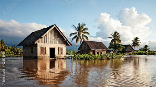 Houses on water with palm trees under a bright sky and fluffy clouds.