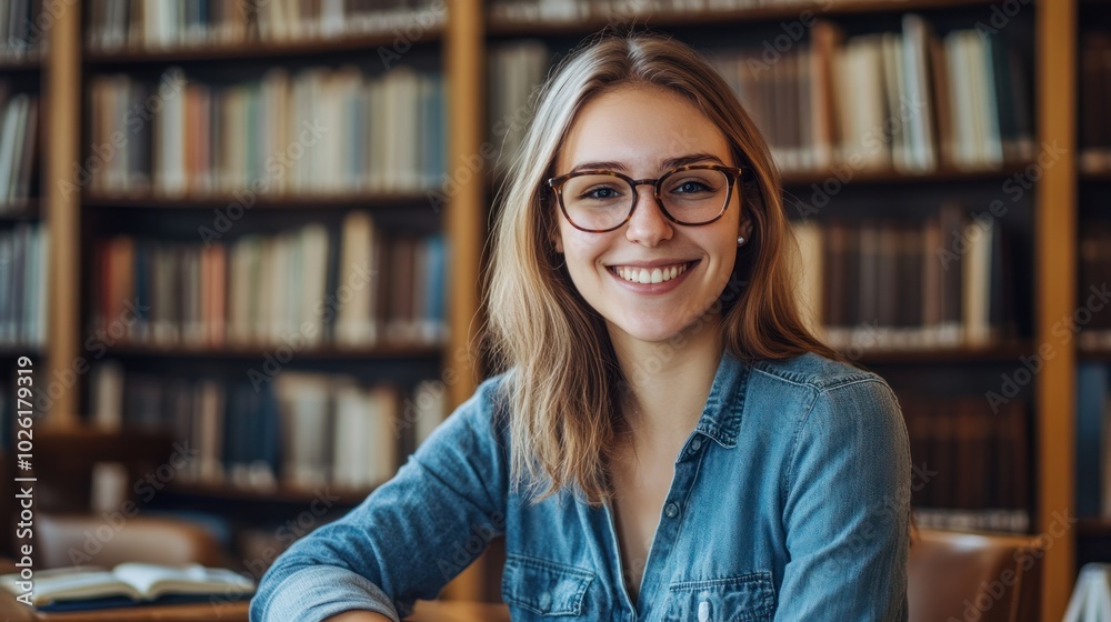 Portrait of a fair-skinned woman with glasses smiling genuinely, sitting at a desk in a well-lit library, bookshelves filled with books in the background Portrait of a fair-skinned woman with glasses smiling genuinely, sitting at a desk in a well-lit library, bookshelves filled with books in the background
