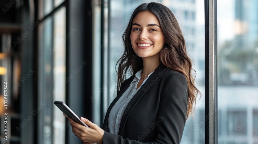 Portrait of a smiling businesswoman wearing a formal suit, holding a touchpad with a modern office background, natural light coming through the large windows, confident and approachable Portrait of a smiling businesswoman wearing a formal suit, holding a touchpad with a modern office background, natural light coming through the large windows, confident and approachable