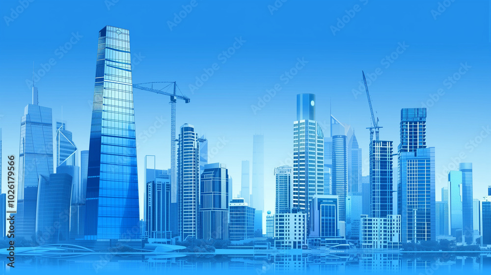 Fototapeta premium Urban Business District with Modern Glass Building and Clear Blue Sky, Industrial Construction Scene