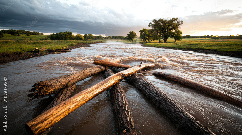 Logs in a river against a scenic landscape during a golden hour sunset. Logs in a river against a scenic landscape during a golden hour sunset.