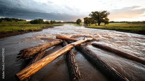 Logs in a river against a scenic landscape during a golden hour sunset.