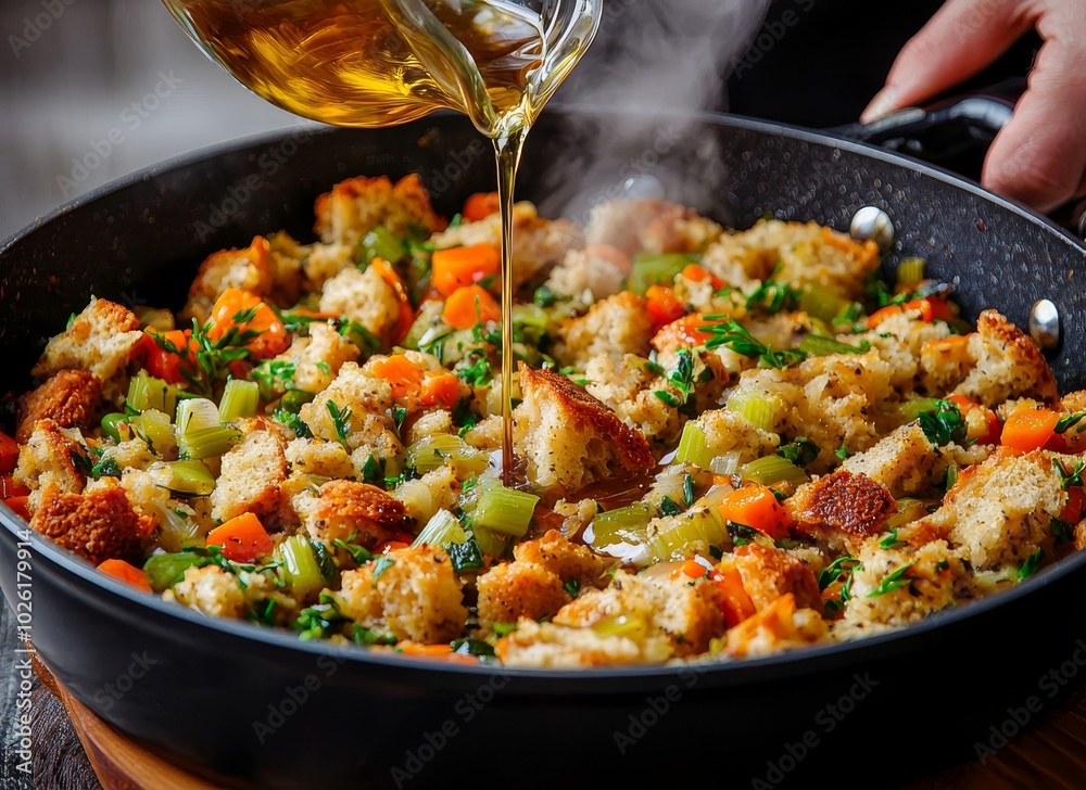 A savory stuffing with bread, vegetables, and herbs is being drizzled with oil, creating a rich aroma and inviting presentation. A savory stuffing with bread, vegetables, and herbs is being drizzled with oil, creating a rich aroma and inviting presentation.